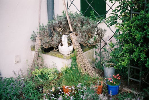 a cozy garden corner with pots and plants