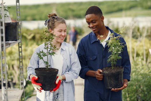 community garden with diverse people planting