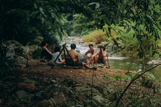 group of friends hiking in nature