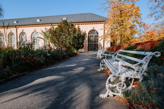 serene garden with benches and plants